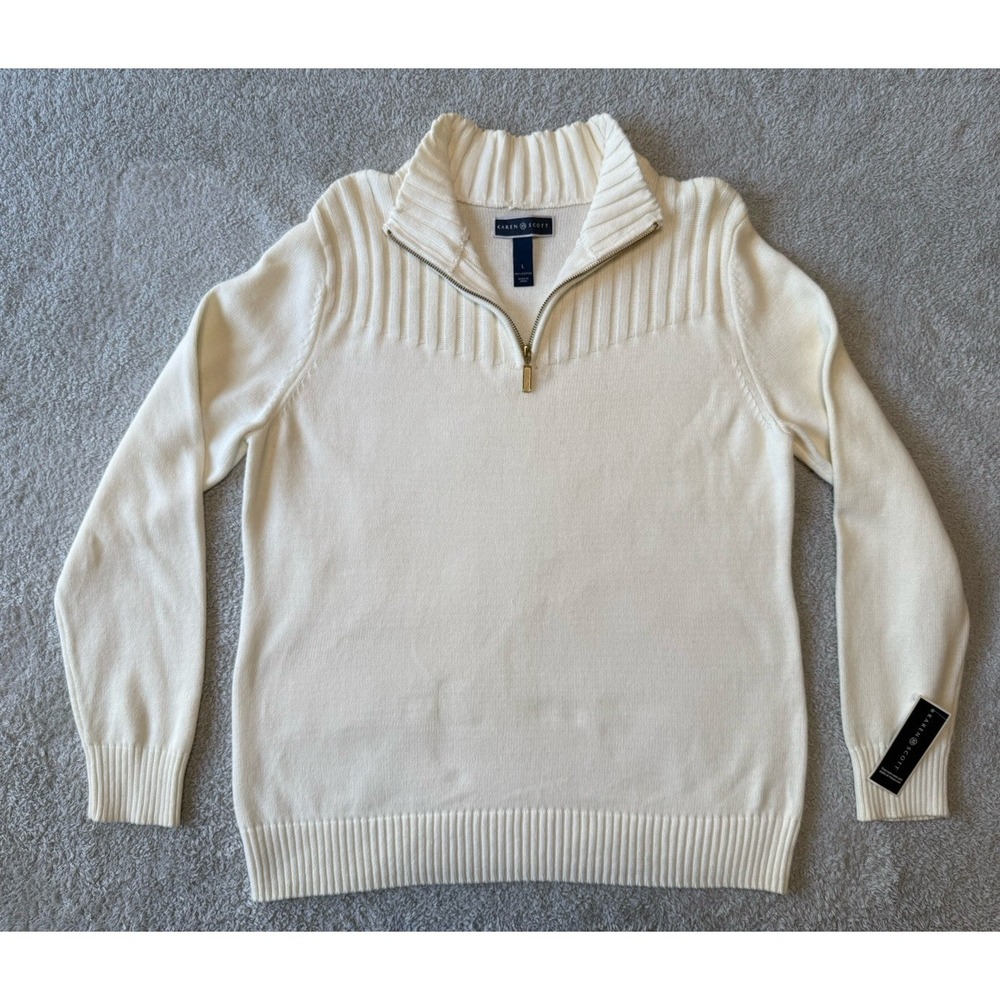 Karen Scott Sweater Women's Size 2X‎ White Chunky Long Sleeve Pullover 1/4 zip